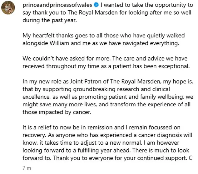 A message on social media, signed 'C', said: 'I wanted to take the opportunity to say thank you to The Royal Marsden for looking after me so well during the past year'