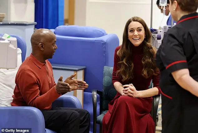 The Princess of Wales talks with patient Peter Burton at the Royal Marsden Hospital today