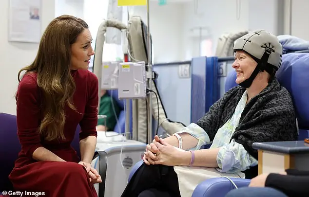 The Princess of Wales pictured today speaking to patients at the Royal Marsden hospital, where she received treatment