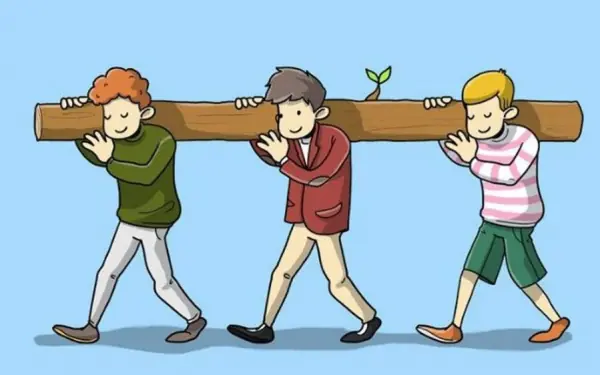 Among the three men, who carries the heaviest load?