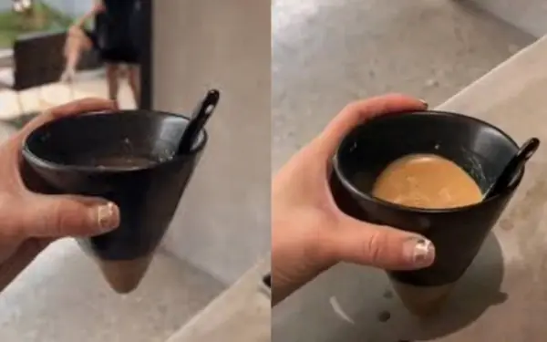 The staff gave me a cup of coffee, but it looked strange.