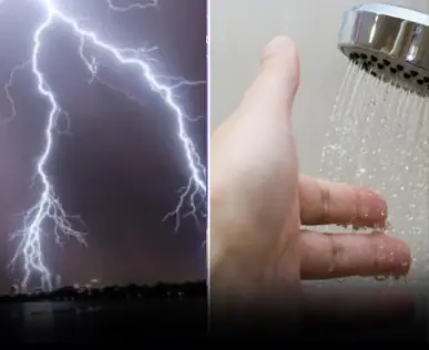 Why should you avoid showering, washing dishes, and doing laundry during a thunderstorm?