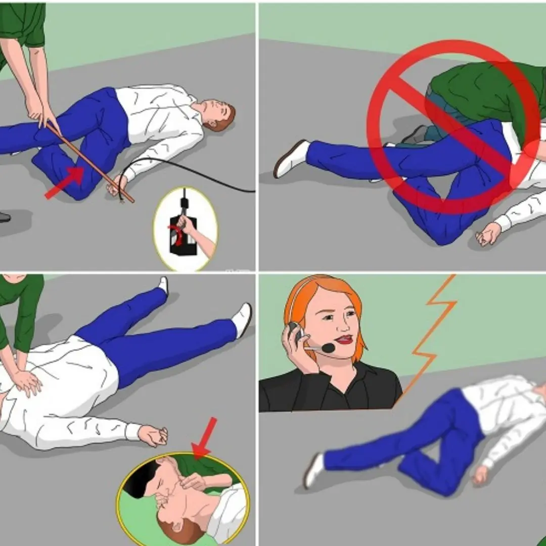 The safest and most timely way to give first aid to someone with electric sh.o.ck