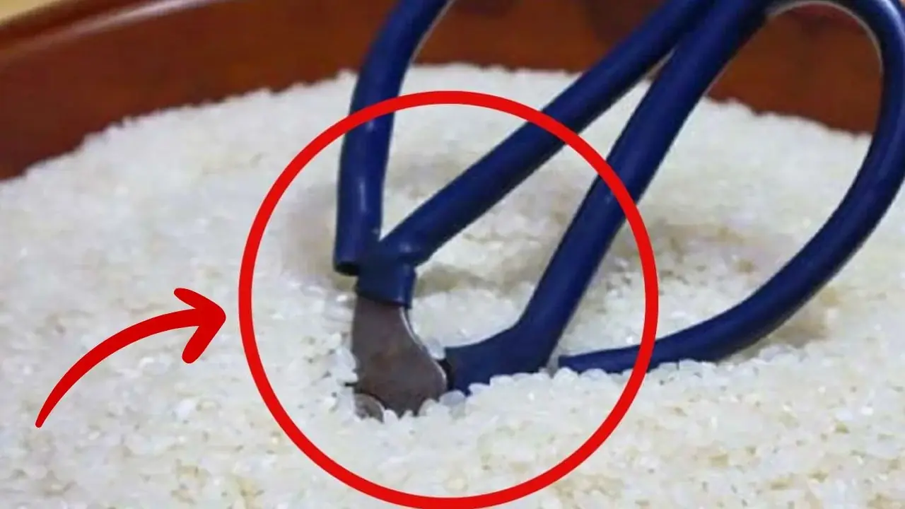 The effect of insert a pair of scis.sors into the rice bin