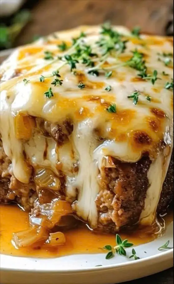 Crockpot French Onion Meatloaf with Melted Swiss Cheese