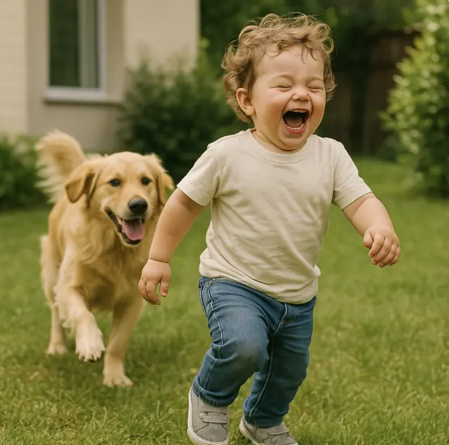 A small child laughs when a dog is chasing him
