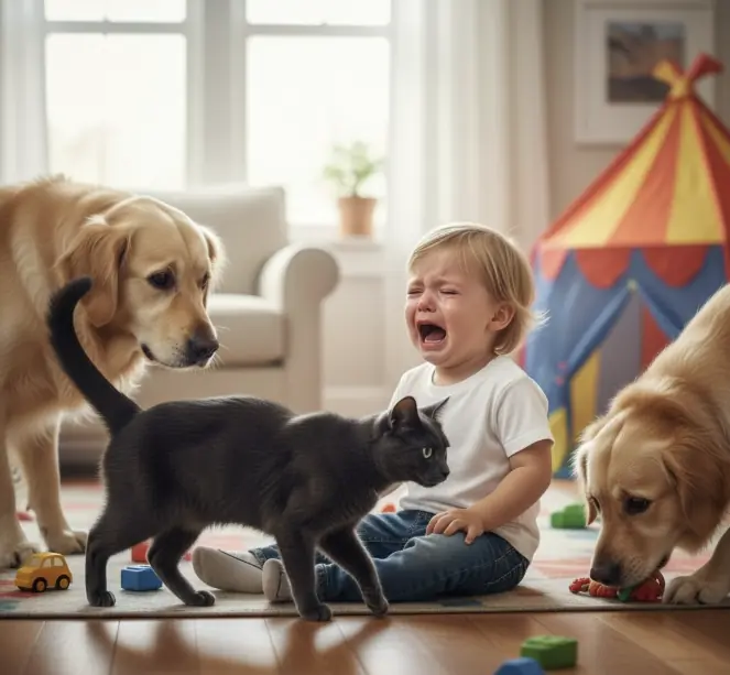 A crying child is left unattended with two dogs, and a pet comes to the rescue