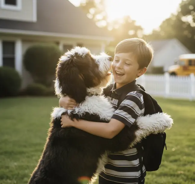 Bernedoodle melts internet’s heart giving brother sweetest hugs after school