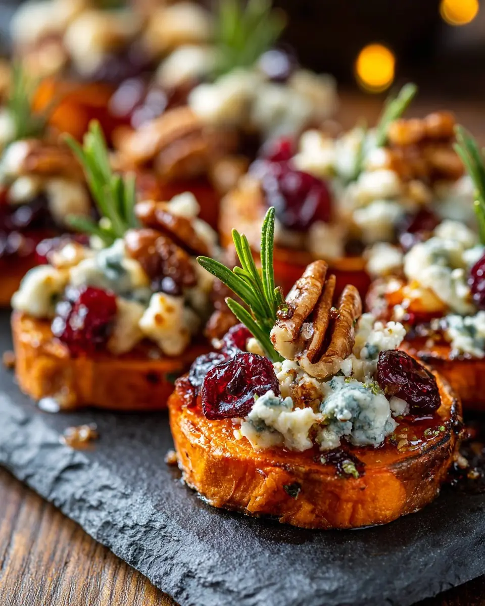 Sweet Potato Rounds with Blue Cheese, Cranberry & Pecans