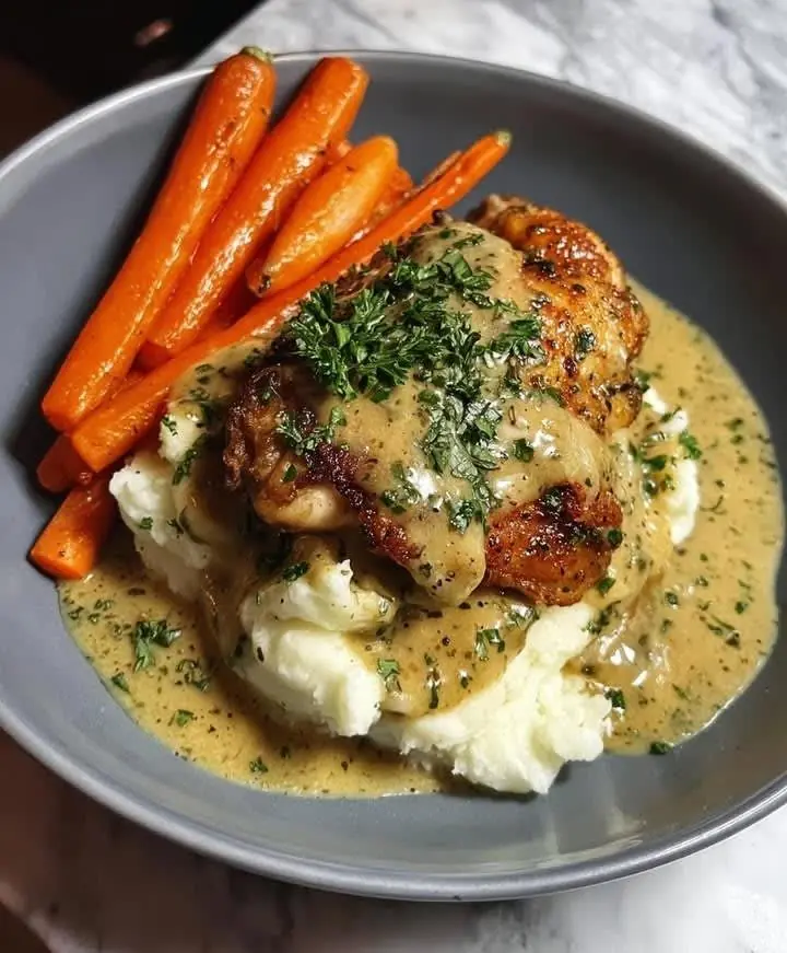 Herb Butter Chicken with Mashed Potatoes & Roasted Carrots