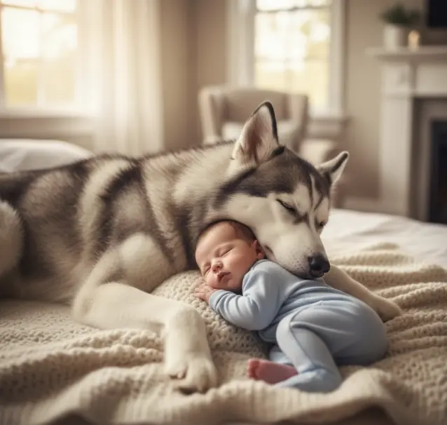 Husky melts hearts hugging baby sister while they sleep