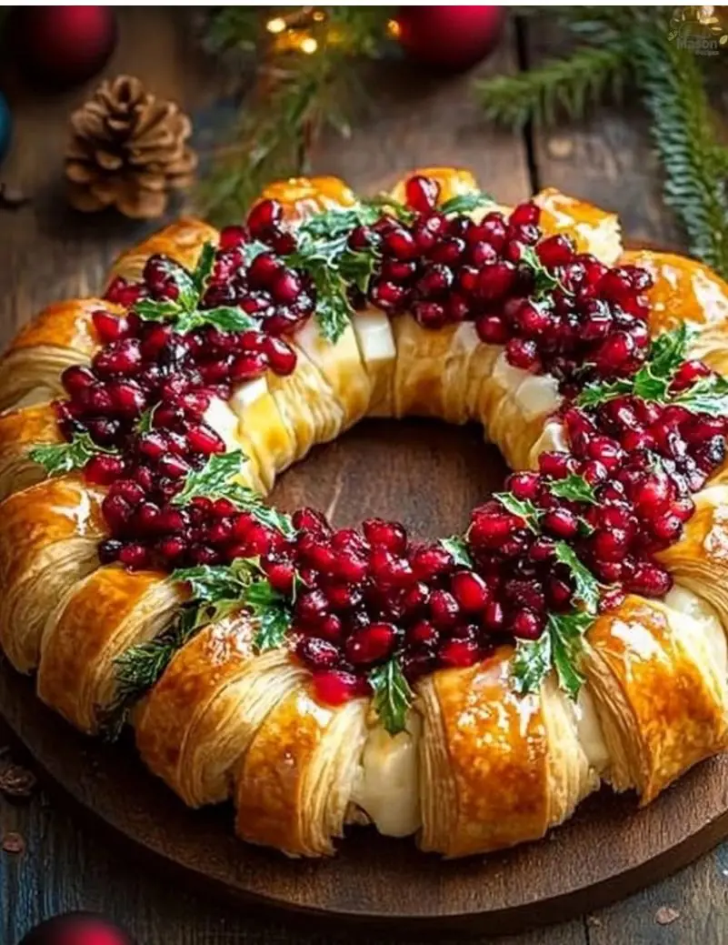 Puff Pastry Christmas Wreath with Brie and Pomegranate
