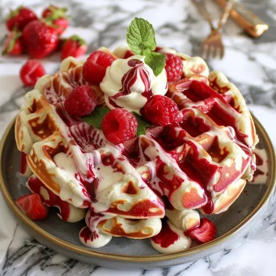 Belgian Waffles with Cream & Berry Coulis