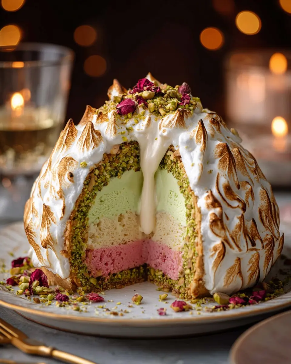 Ice Cream Bombe with Pistachio, Rosewater & Raspberry