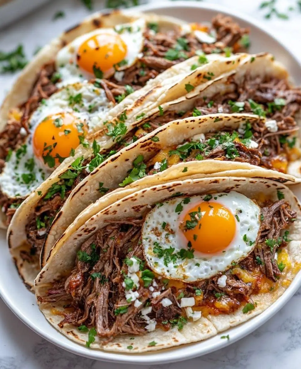Pulled Beef Tacos with Fried Egg