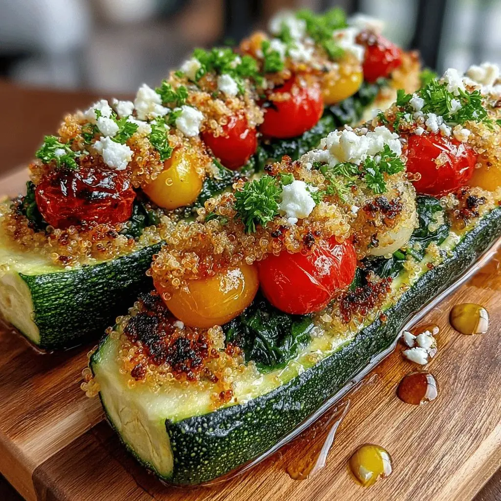 Stuffed Zucchini with Quinoa, Spinach, and Roasted Cherry Tomatoes