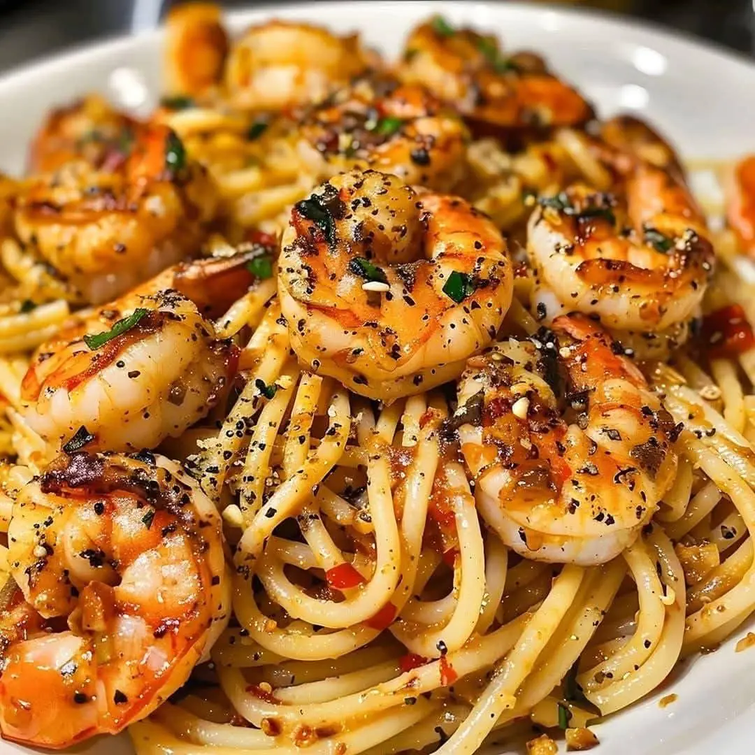 Garlic Steak Bits And Shrimp Pasta