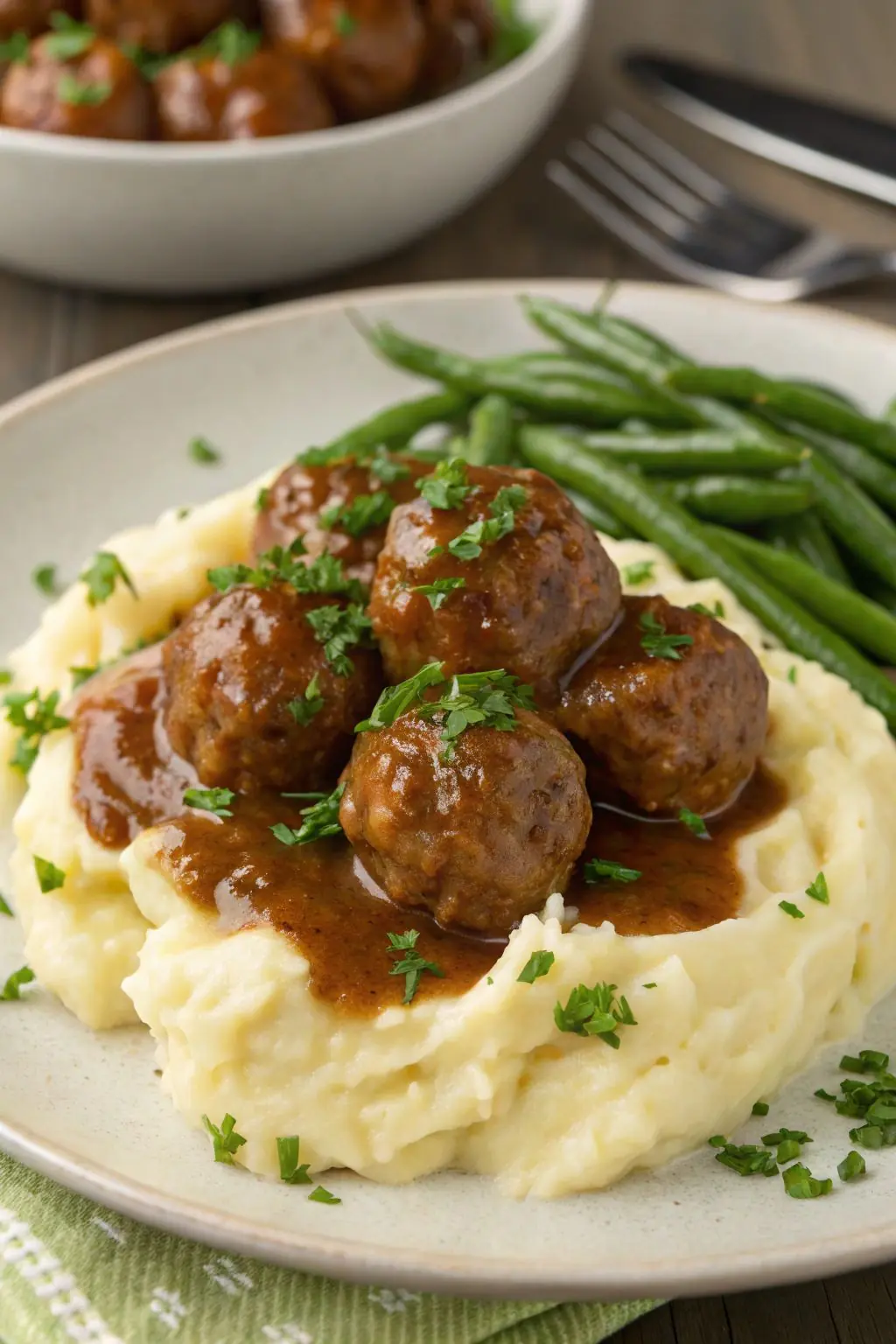 Swedish Meatballs with Mashed Potatoes and Green Beans