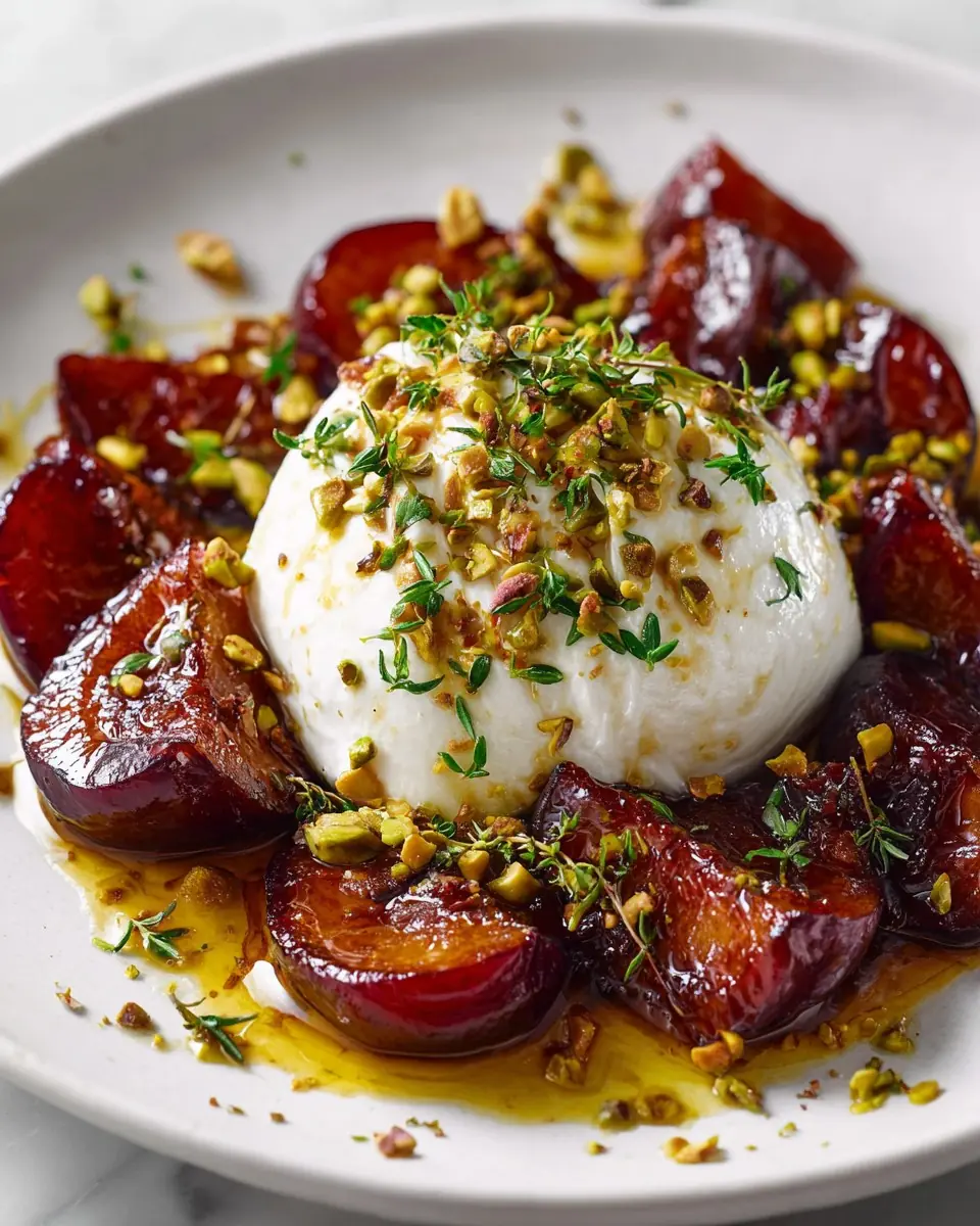 Burrata with Roasted Plums, Pistachios & Thyme