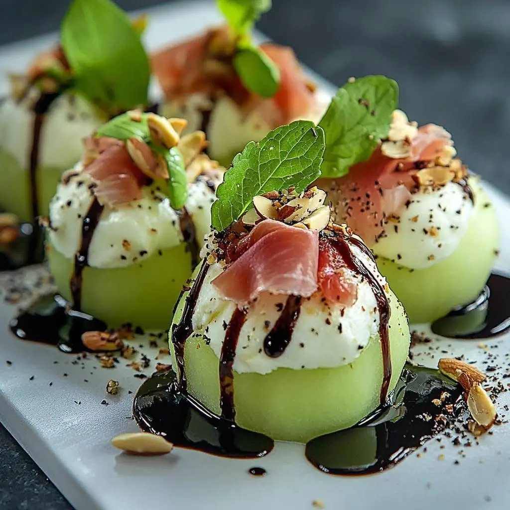 Prosciutto, Burrata & Melon Appetizer with Balsamic Glaze