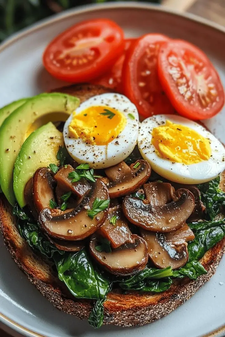 Avocado, Sautéed Mushroom & Spinach Toast with Soft-Boiled Eggs