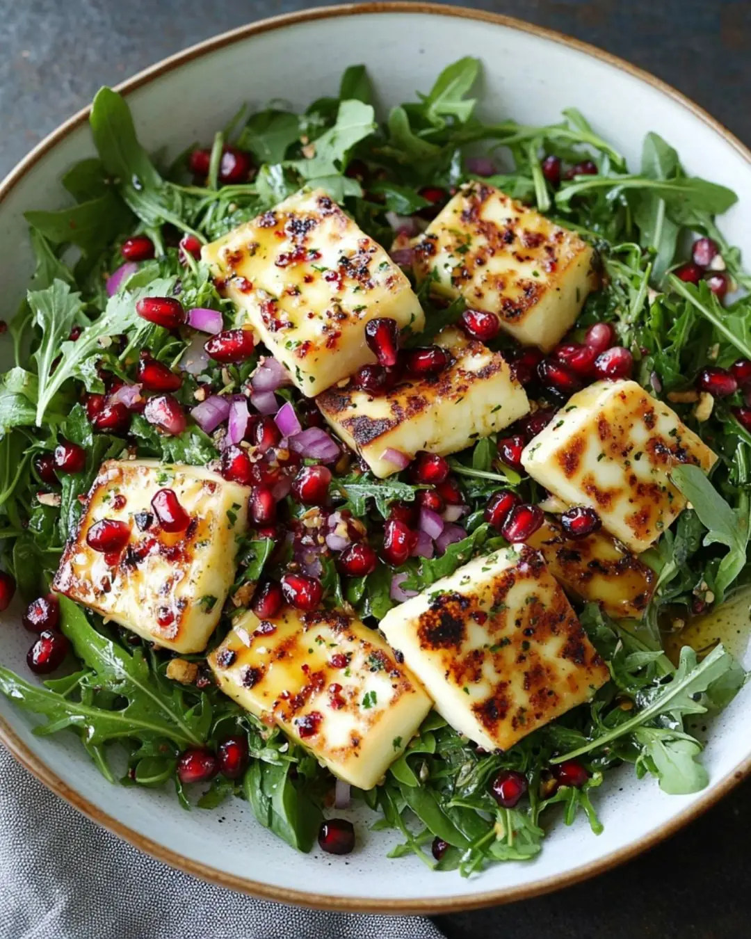 Grilled Halloumi Salad with Arugula & Pomegranate