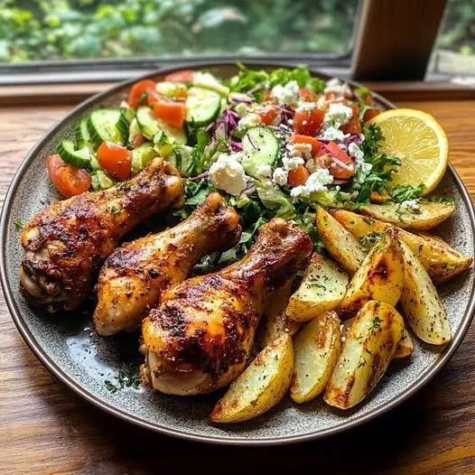 Roasted Chicken Drumsticks with Potatoes & Fresh Salad