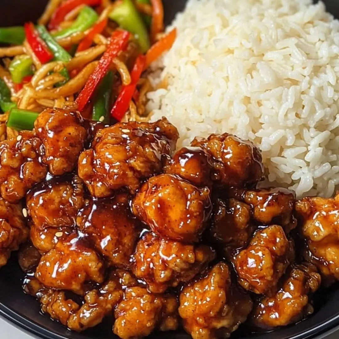 Crispy bite-sized chicken is coated in cornstarch, fried until golden, then tossed in a sweet-savory honey garlic sauce made
