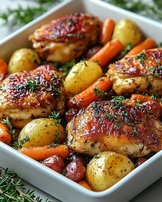 Honey Garlic Roasted Chicken Thighs with Potatoes & Carrots