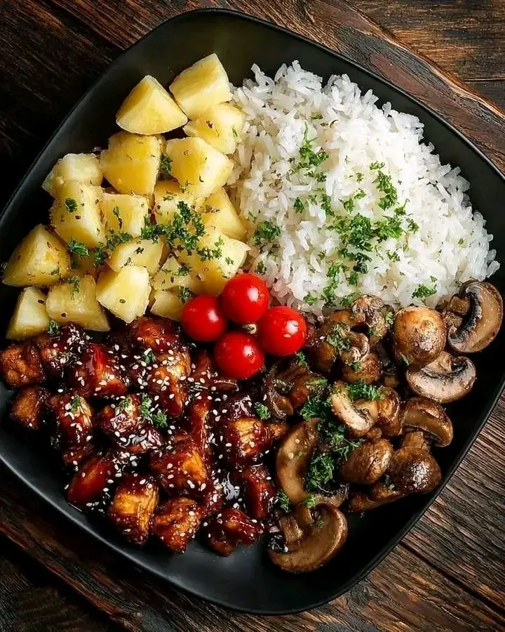 Glazed Chicken with Rice, Crispy Potatoes & Sautéed Mushrooms