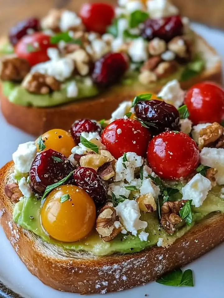 Avocado Toast with Feta, Cherry Tomatoes, Cranberries, and Walnuts