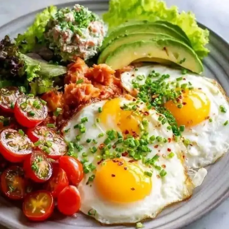 Sunny-Side Egg Breakfast Plate with Avocado, Salmon, and Fresh Veggies