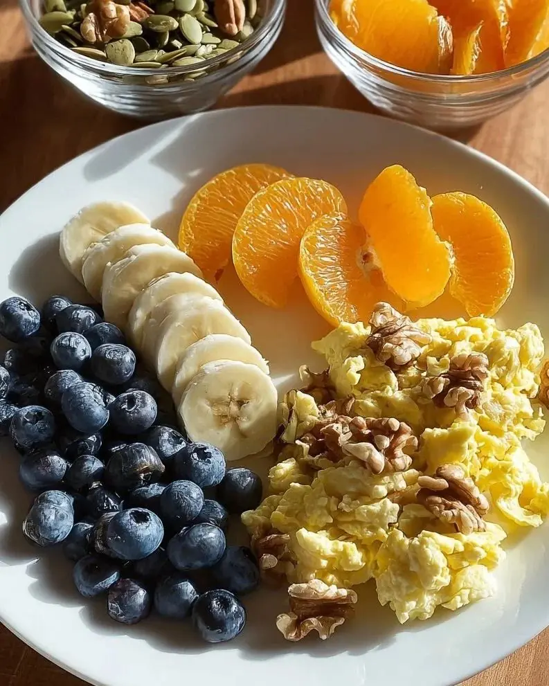 Scrambled Eggs with Fruit Plate & Nuts