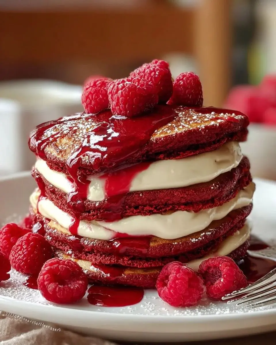 Red Velvet Pancake Stack with Cream Cheese Filling & Raspberry Sauce