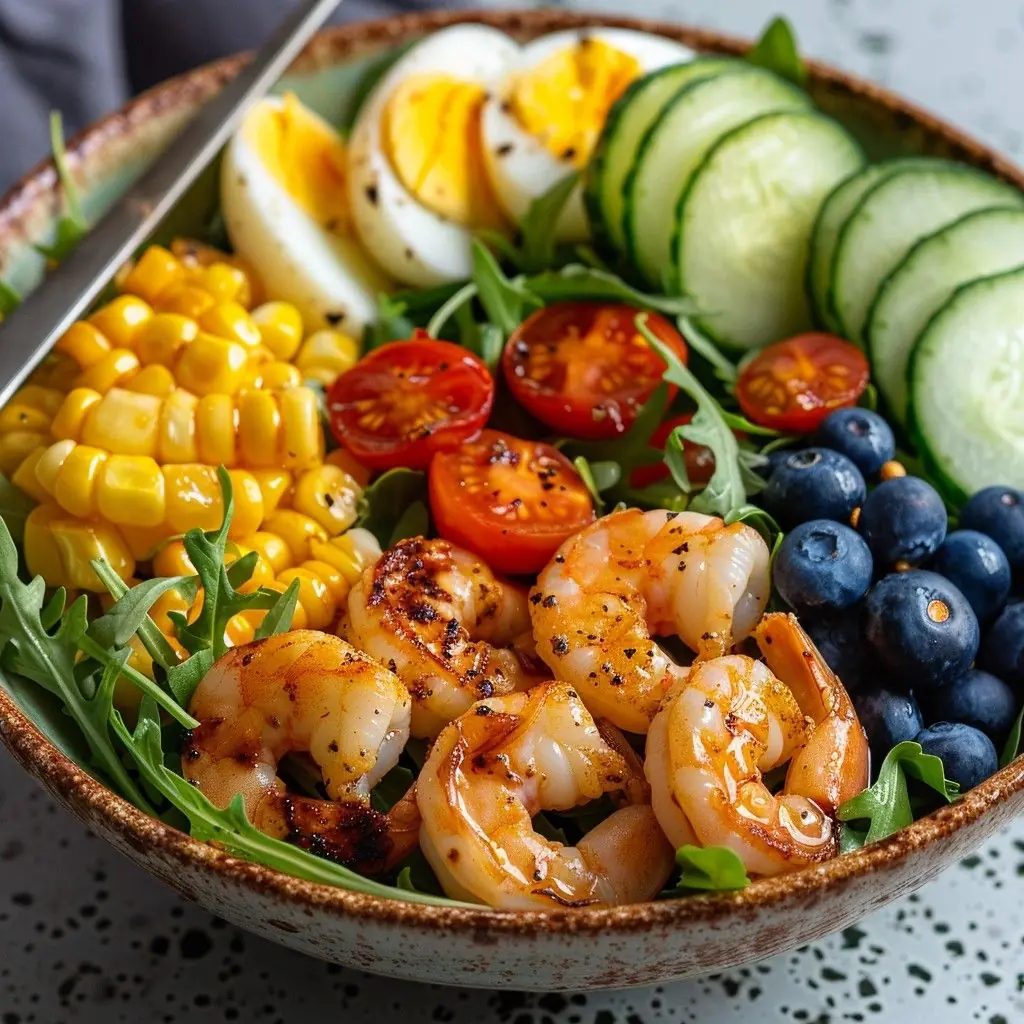 Grilled Shrimp Power Bowl with Eggs, Veggies & Fruit