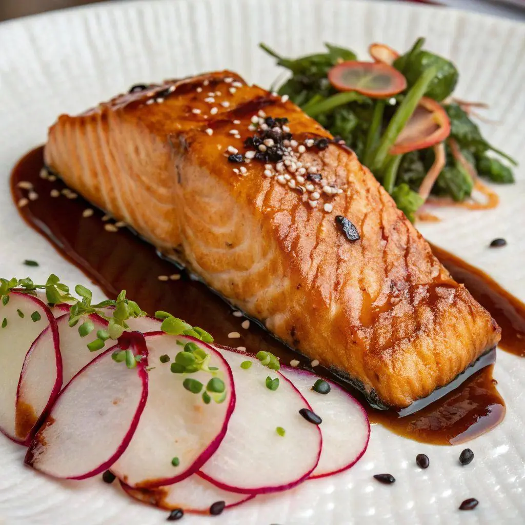 Teriyaki-Glazed Salmon with Radish Slices & Sautéed Greens
