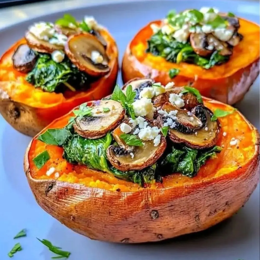Stuffed Sweet Potatoes with Spinach, Mushroom, & Feta