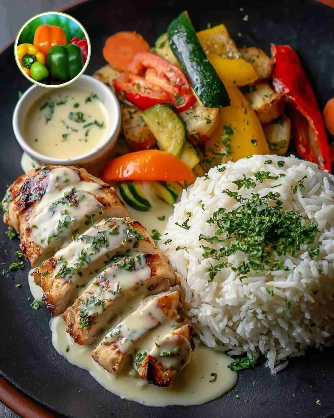 Ultimate Grilled Chicken with Creamy Herb Sauce, Rice & Veggies