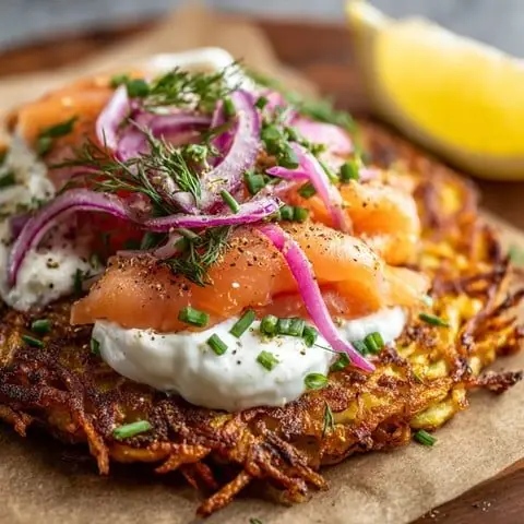 Crispy Potato Rösti with Smoked Salmon & Herbed Cream