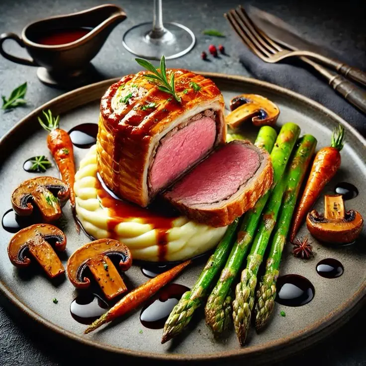 Beef Wellington with Mashed Potatoes & Roasted Vegetables