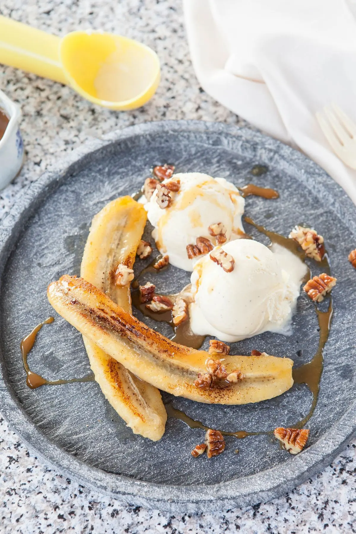 Caramelized Bananas with Vanilla Ice Cream & Pecans
