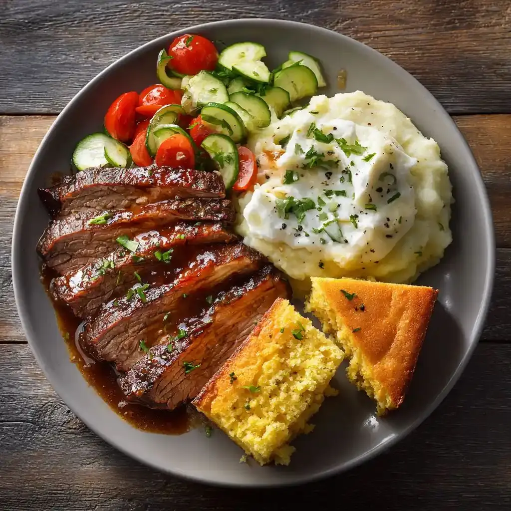 Glazed Beef Steak with Mashed Potatoes, Fresh Salad & Cornbread