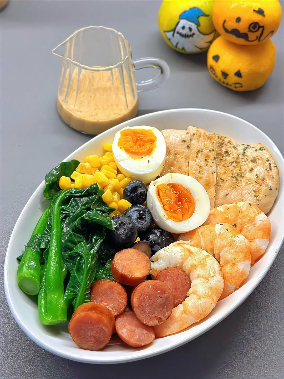 Healthy Protein Bowl with Shrimp, Chicken, Soft-Boiled Eggs & Vegetables