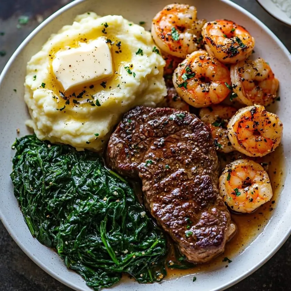 Seared Steak & Creamy Cajun Shrimp with Sautéed Spinach & Mashed Yukon Potatoes