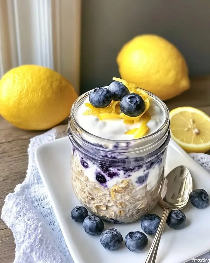 Lemon Blueberry Overnight Oats with Greek Yogurt Frosting