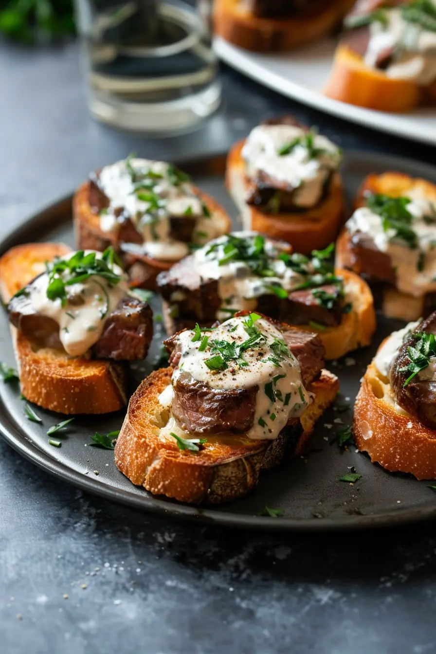 Steak Crostini with Creamy Garlic Sauce