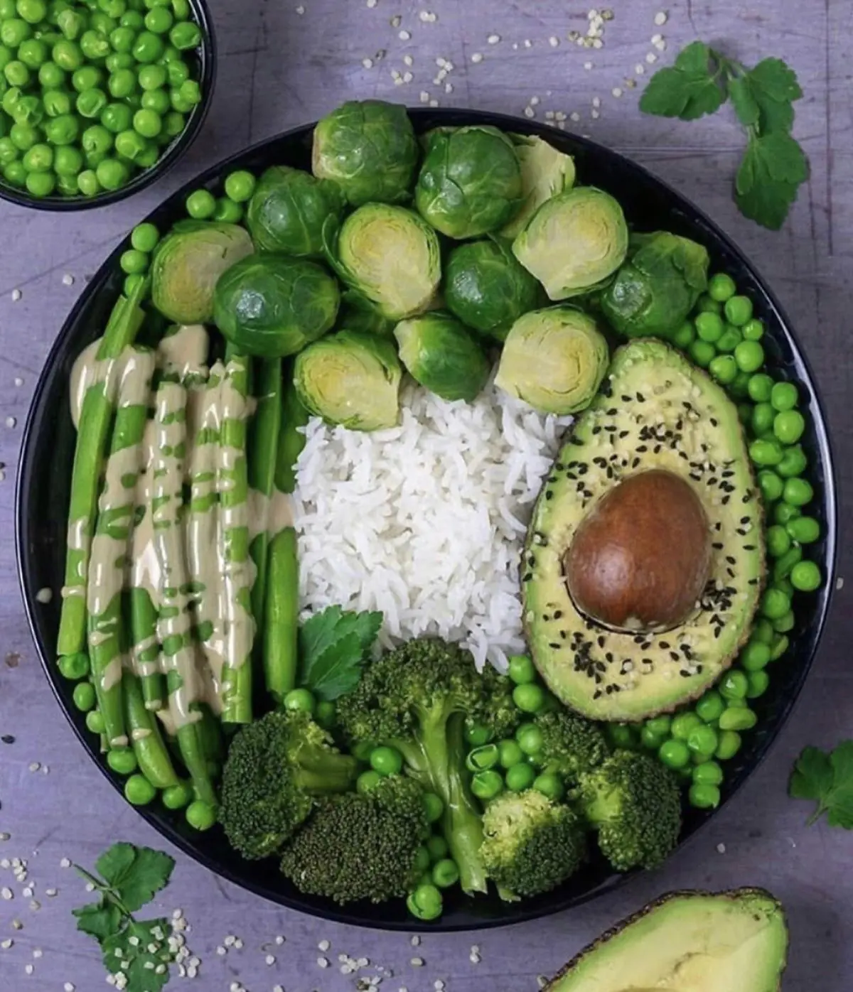 Green Vegetable Rice Bowl with Avocado & Tahini Dressing