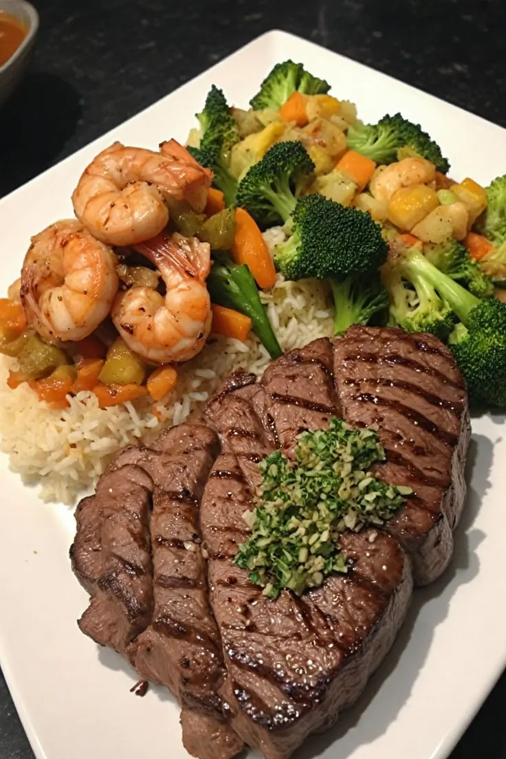 Grilled Steak & Shrimp with Rice and Mixed Vegetables
