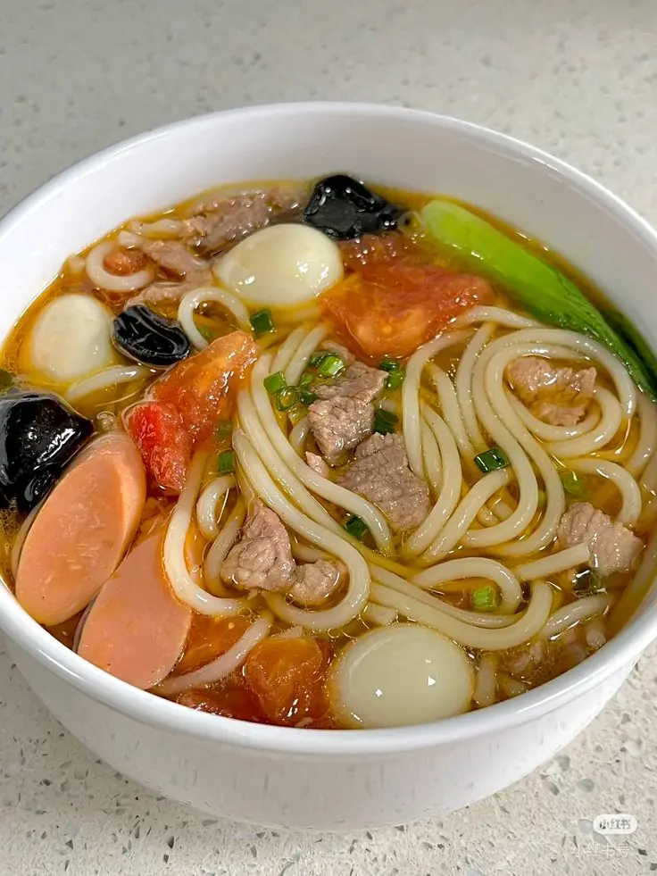 Tomato Beef Noodle Soup with Quail Eggs