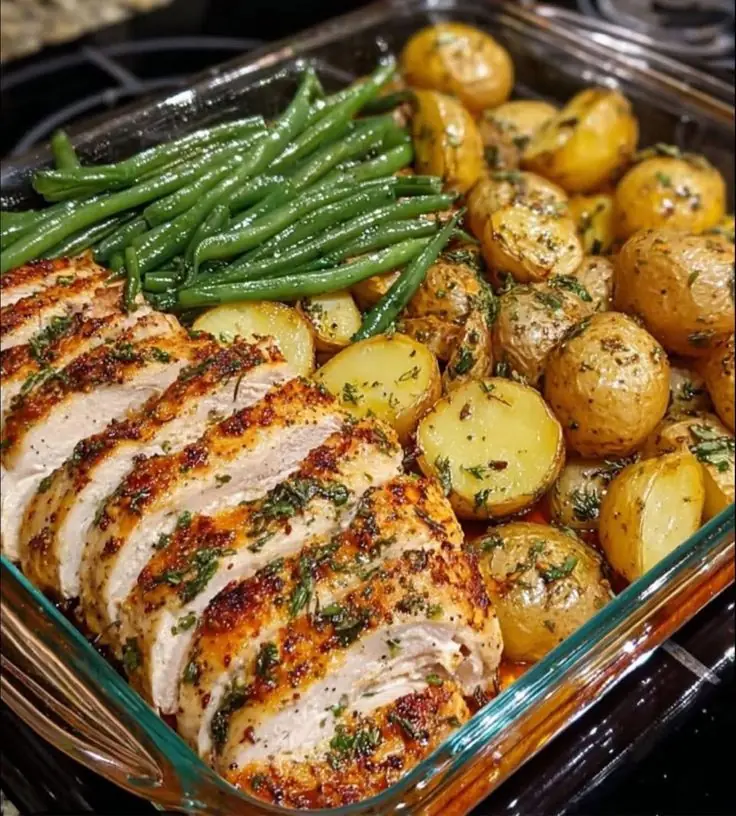 Herb-Roasted Chicken with Garlic Potatoes & Green Beans